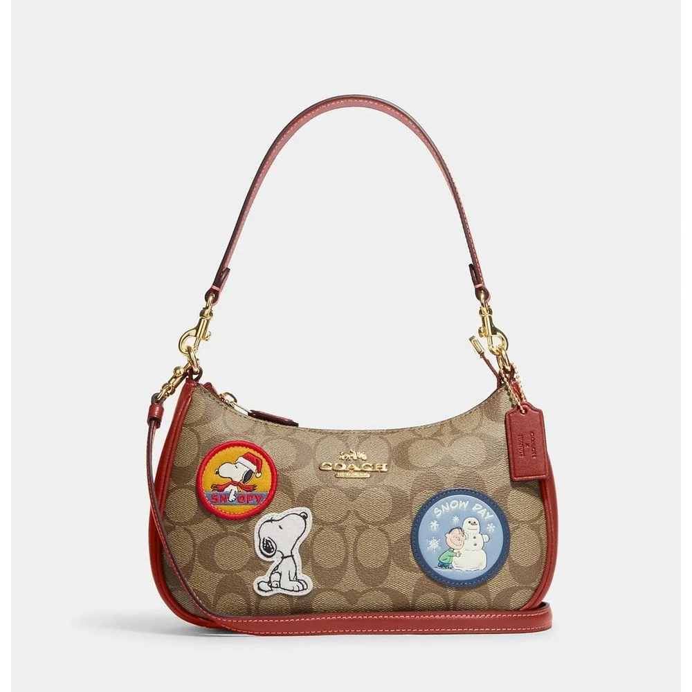 COACH X PEANUTS TERI Shoulder Bag Signature Canvas Snoopy Patches CE848 Org $428_10